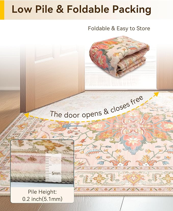 Area Rugs 5'x7' Washable Non-Slip, Floral Vintage Distress Print Pattern Medallion Carpet for Living Room Bedroom Dining Room, Light Pink Colorful