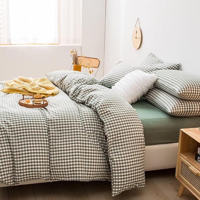 mixinni Green Gingham Comforter Set Twin XL, Plaid Comforter Set 3 Pieces 1 Green Grid Comfoter with 2 Pillow Cases for All Seasons, Soft Fluffy Modern Grid Pattern Printed Bedding-Twin XL Size