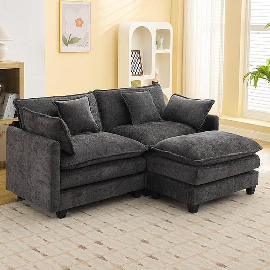 76'' Cloud Deep Seat Loveseat Sofa, Upholstered Chenille Modular 3-Seats Sectional Sofa Couch with Movable Ottoman, Modern Comfy Settee Loveseat for Living Room Set, Small Apartment, Dark Grey