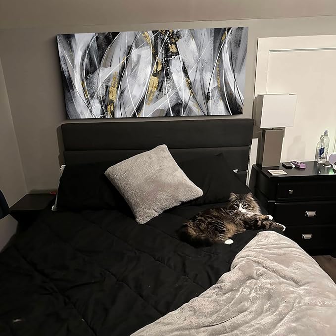 KLAKLA Black and Gold Abstract Wall Art - Big Picture for Living Room Wall - Black and White Canvas Art Work for Home Decor Bedroom Wall Decoration