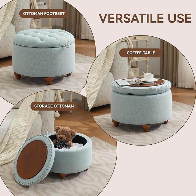 24Inch Round Storage Ottoman with Tray, Modern Tufted Fabric Circle Coffee Table with Storage, Upholstered Ottoman with Removable Top for Living Room, Bedroom, Light Blue