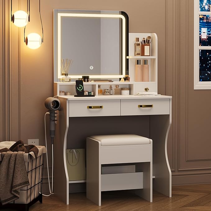 Whalefall Vanity Desk with Mirror and Lights, 31'' Wide Makeup Table with Power Outlets and Chair, 3 Lighting Modes & Adjustable Brightness, Storage Drawer & Open Shelves, for Women Girls Bedroom