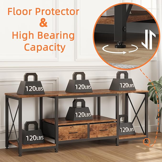 TV Stand with Fabric Drawer - Entertainment Center and Industrial TV Console Table with Open Storage Shelves for Living Room, Bedroom - 55.1" Rustic Brown