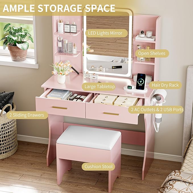 Vanity Desk with LED Lights Mirror & Power Outlet, Small Makeup Vanity Table Set with Storage Drawers & Chair, 3 Lighting Modes & Adjustable Brightness, Dressing Table for Women Girls Bedroom, Pink
