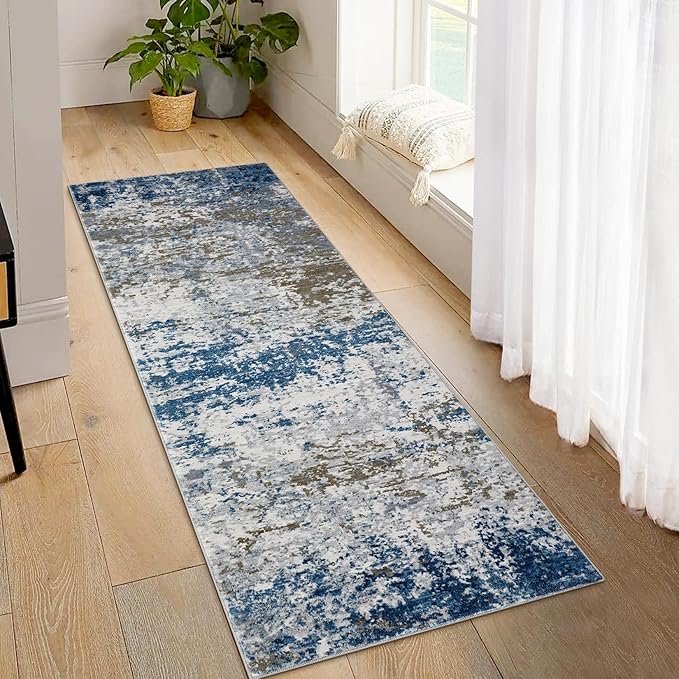 2x6 Modern Abstract Runner Rug Non Slip Soft Machine Washable Stain Resistant Rugs Low Pile Non Shed Rug for Hallway Kitchen Bathroom, Navy