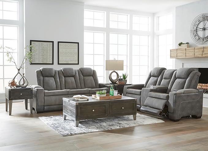 Signature Design by Ashley Next-Gen DuraPella Modern Faux Leather Power Reclining Sofa with Adjustable Headrest, Gray