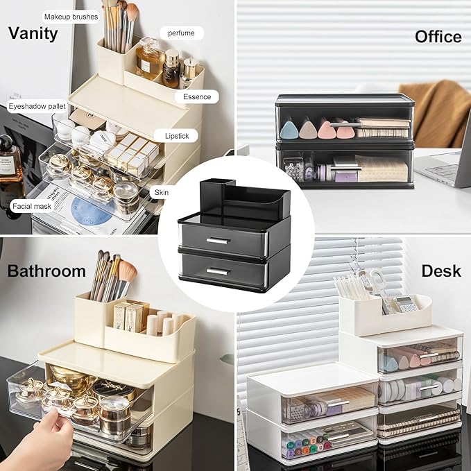DASITON Makeup Organizer for Vanity with 2 Drawers, Stackable Cosmetic Organizer with Makeup Brush Holder, Plastic Bathroom Organizer Skincare Storage for Brushes, Eyeshadow, Lotions, Lipstick (Black)