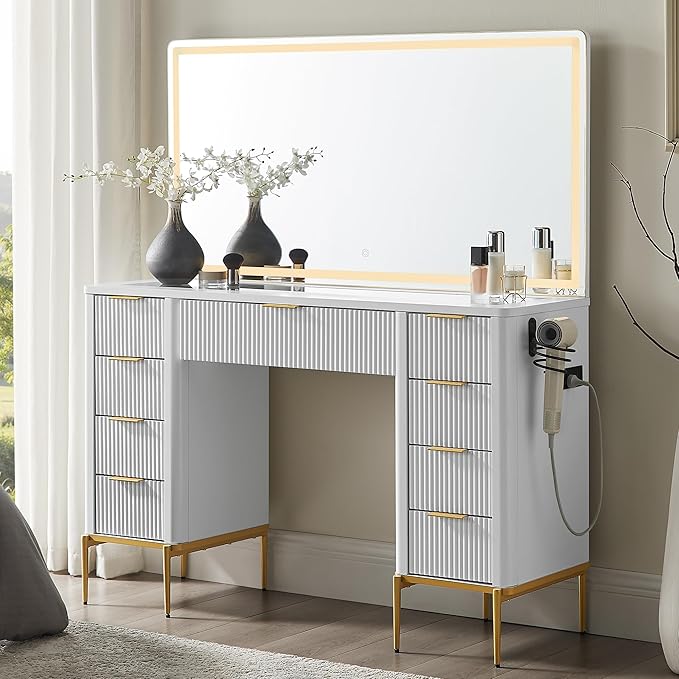 T4TREAM 48" Fluted Makeup Vanity Desk with 48" Large Mirror and HD LED Lights, Modern Vanity Table with 9 Drawers & Charging Station, Glass Top and Golden Handles Dressing Table for Bedroom, White