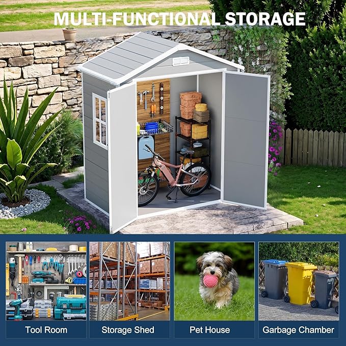 6x3 FT Resin Storage Shed, Waterproof Outdoor Shed with Floor Included, Window, Double Lockable Doors & 2 Vents, Outside Plastic Sheds for Garden Patio Backyard, Grey