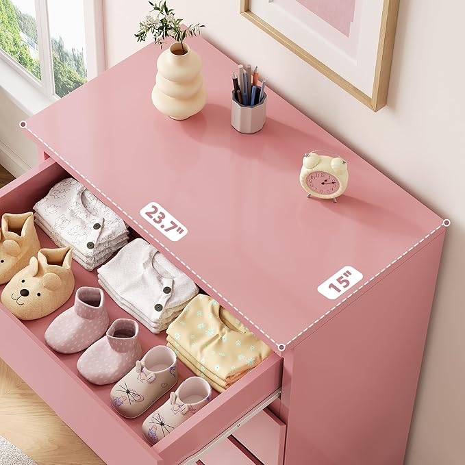 Modern Pink 5 Drawer Dresser for Bedroom, 15" D x 23.7" W x 40.4" H in Simply Chest of Drawers, Wood Storage Dresser with Deep Drawers for Living Room Hallway Entryway, Pink