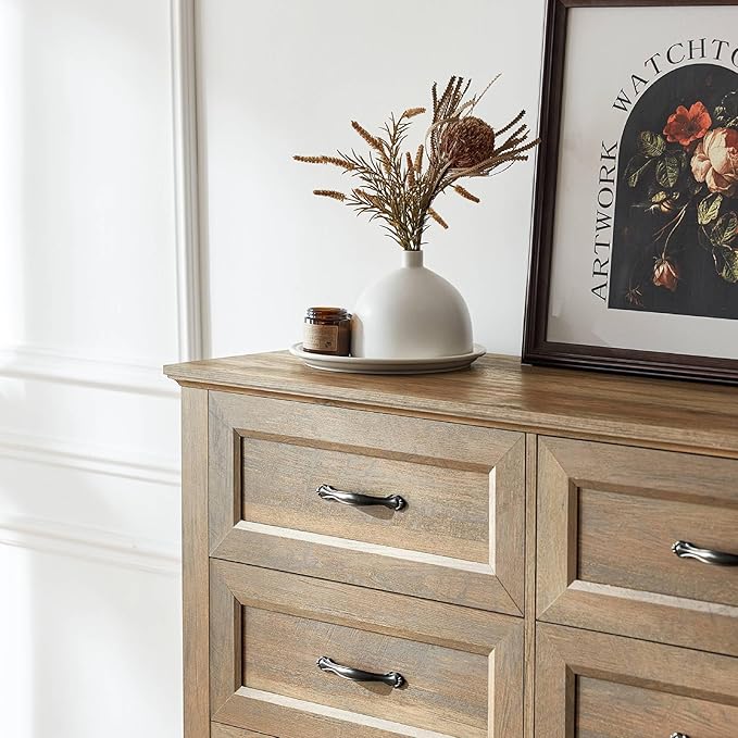LINSY HOME Farmhouse 8 Drawers Dresser Chests for Bedroom, Wood Dresser Wide Chest of Drawers, Storage Dressers Organizer for Bedroom, Living Room,Hallway, SGS Certified