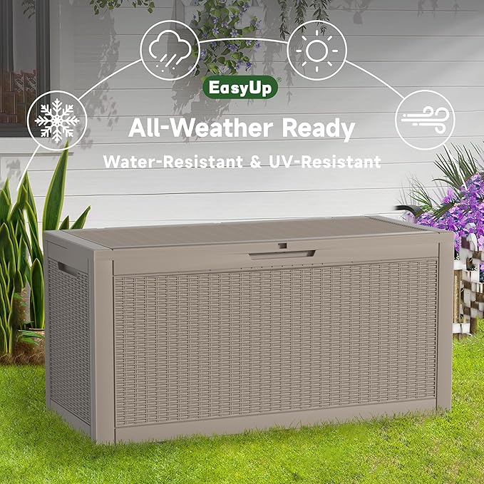 100 Gallon Outdoor Storage Box Waterproof, UV Resistant Resin Deck Box with Hydraulic Rod, Reinforced Stability for Patio, Garden, Rattan Gray