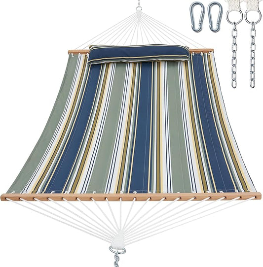 2 Person 12FT Hammocks for Outside, Double Quilted Fabric Outdoor Hammock with Spreader Bar, Large Removable Pillow, Storage Pockets, Carabiners, Max 475 lbs Capacity (Olive Green)