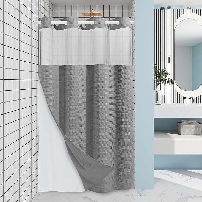 Grey Stall Shower Curtain and Liner Set - 230GSM Waffle Weave Textured Heavy Duty,Hotel Luxury Weighted Bath Curtain,54W x 80H