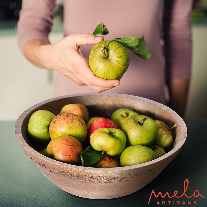 Mela Artisans Wooden Fruit Bowl | Medium Burnt Finish | Large 12” Mango Wood Serving Bowl | Multipurpose for Kitchen Countertop | Salad| Fruit| Snacks| Breads & More | Natural Grain Texture