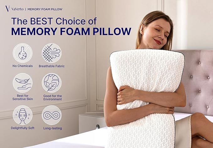 Vaverto King Size Gel Memory Foam Pillow: Ventilated, Orthopedic, Contoured Support, Cooling Design with Viscose Made from Bamboo Cover - Dorm Room Essential, Original White