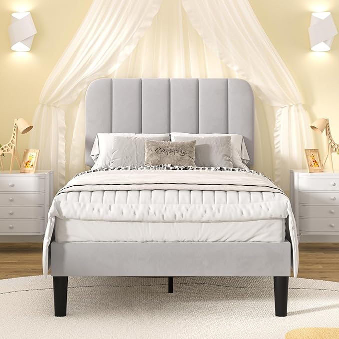 VECELO Twin Size Bed Frame with Upholstered Headboard, Velvet Platform Bedframe Mattress Foundation, Strong Wood Slat Support, No Box Spring Needed,Light Grey