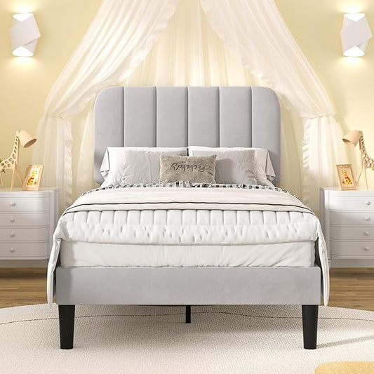 VECELO Twin Size Bed Frame with Upholstered Headboard, Velvet Platform Bedframe Mattress Foundation, Strong Wood Slat Support, No Box Spring Needed,Light Grey