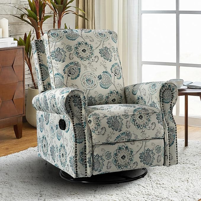 HULALA HOME Rocker Recliner Set of 2, Modern Printed Fabric Swivel Glider w/Adjustable Backrest & Footrest, Upholstered Manual Recliner Chair Home Theater Singe Sofa for Living Room Bedroom, MEDALLION