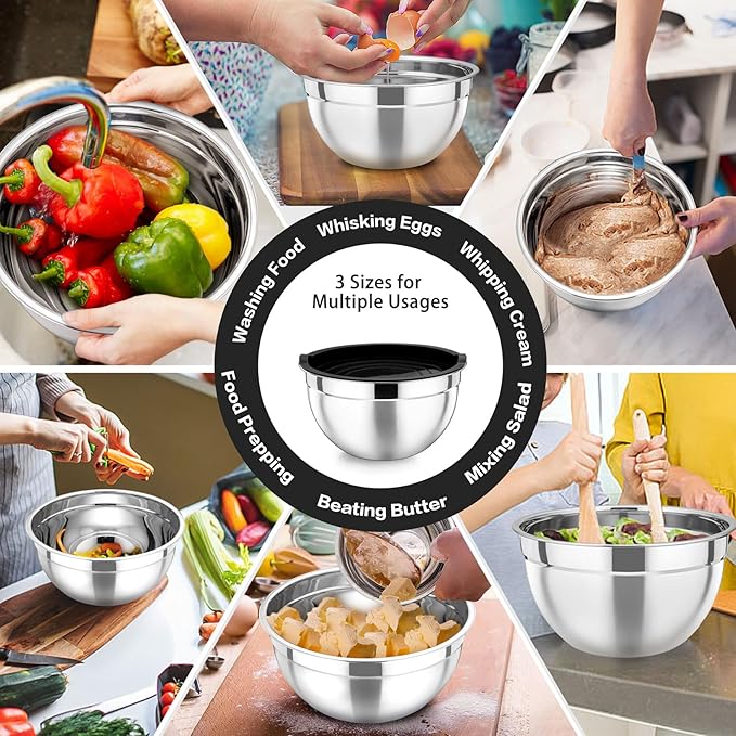 P&P CHEF Black Mixing Bowls with Lids, Set of 3, Stainless Steel Salad Nesting Bowl for Mixing, Storing, Prepping, Airtight & Stackable, Size 4.6/3 /1.5 QT