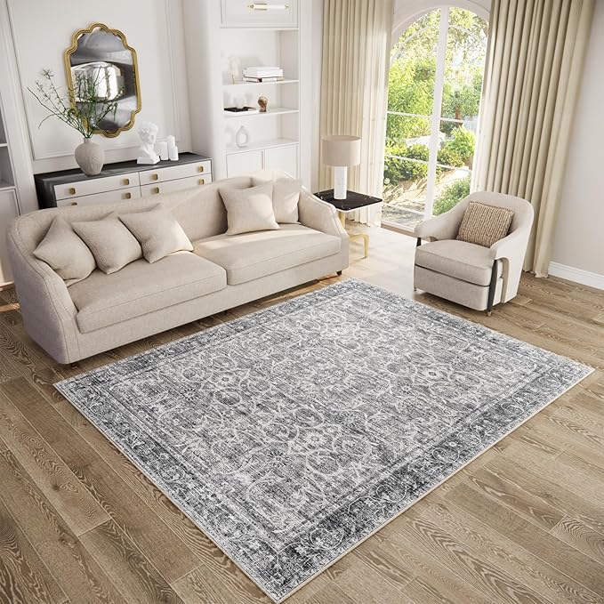 Washable Area Rugs 5'x7' Non-Slip Vintage Boho Distressed Fade Resistant Low Pile Carpet for High-Traffic Living Room, Bedroom & Dining Room