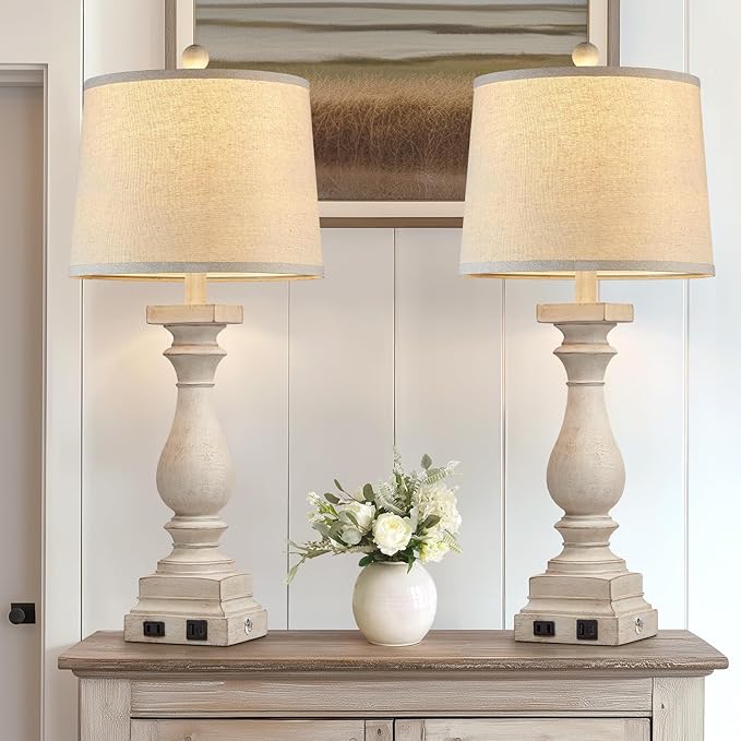 28" Tall Farmhouse Table Lamps Set of 2 with USB C+A Ports and AC Outlet, 3 Way Touch Control Rustic Bedside Lamp for Bedroom, Beige Vintage Nightstand Lamp for Living Room Office