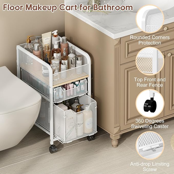 Rolling Makeup Cart Organizer with 2 Drawers, Narrow Floor Skincare Organizers, Vanity Organizer Cosmetics Display Cases Holder for Skin Care Nail Polish Perfume Makeup Brush, White