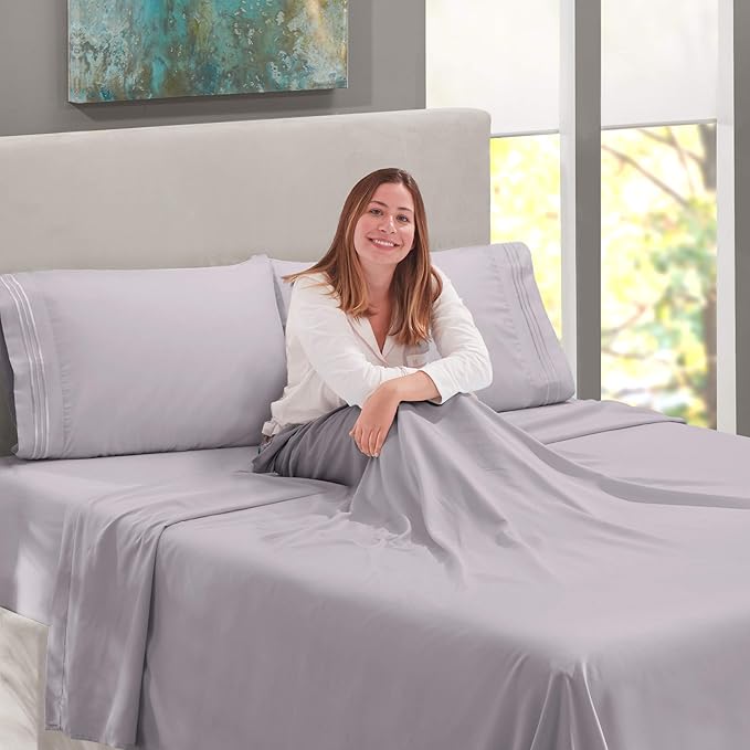Nestl Split King Sheet Set - 1800 Ultra-Soft Microfiber Bed Sheets - Double Brushed - Deep Pockets - Easy Fit - 5 Piece Set - Bed Sheets & Pillowcases (Split King, Grey Lavender)