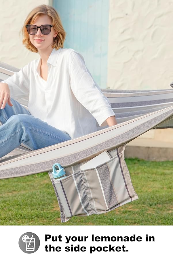 Double Quilted Fabric Tree Hammock with Spreader Bar, 14ft Hammocks 2 Person for Outside, Fits 12ft -14ft Hammock Stand, Pillow & Side Pockets & Carabiners, Max 475 lbs Capacity (Peace Dove)