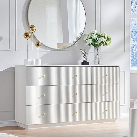 Fluted Dresser for bedroom, 55"W White 9 Drawer Dressers, Wood Tall Dresser Storage Organizer, Modern Bedroom Chest of Drawers with Deep Storage for Closet Hallway, Entryway, Living Room White