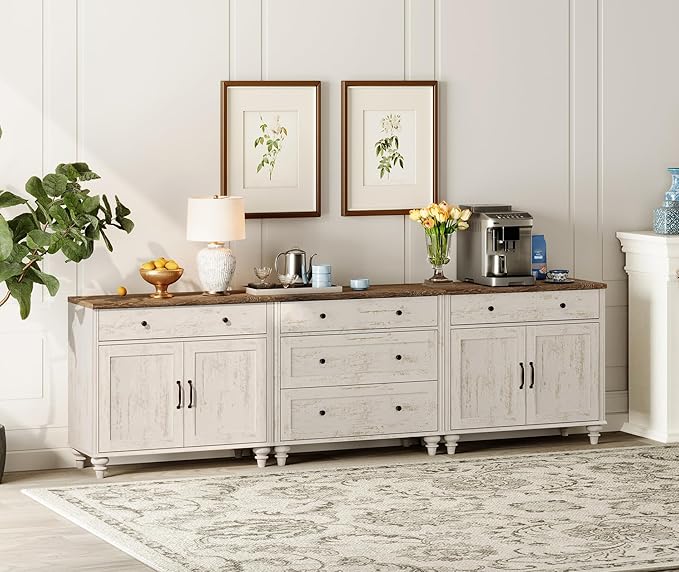 WAMPAT Farmhouse TV Stand for 100 Inch TV, 3-in-1 TV Console Table with 5 Drawers and 4 Doors, Entertainment Center, Kitchen Sideboard Buffet Cabinet for Dining Room, Rustic White
