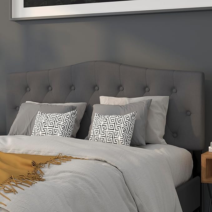 EMMA + OLIVER Arched Button Tufted Queen Size Headboard in Dark Gray Fabric