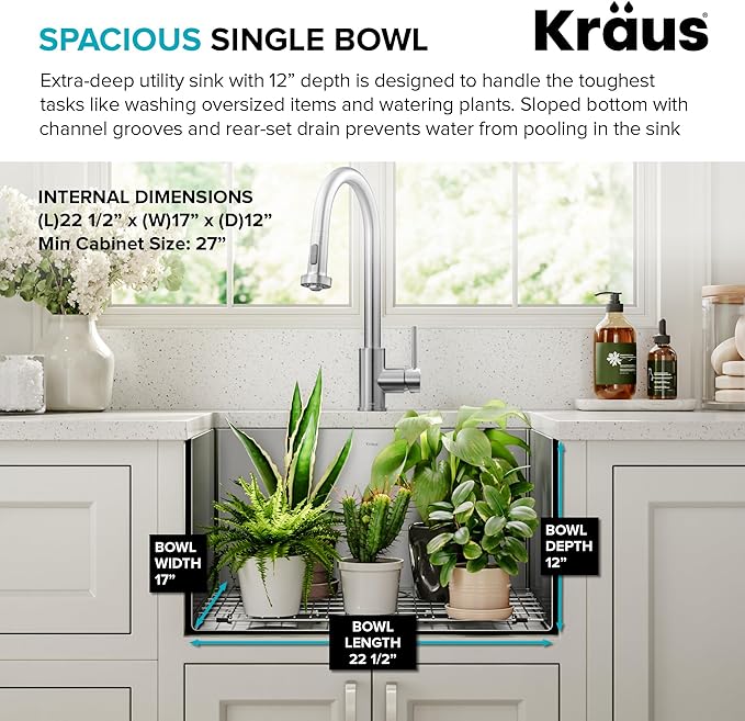Kraus KHU101-24L Standart PRO 24-inch Undermount 16 Gauge Single Bowl Laundry and Utility Sink, 24 Inch, Tight Radius