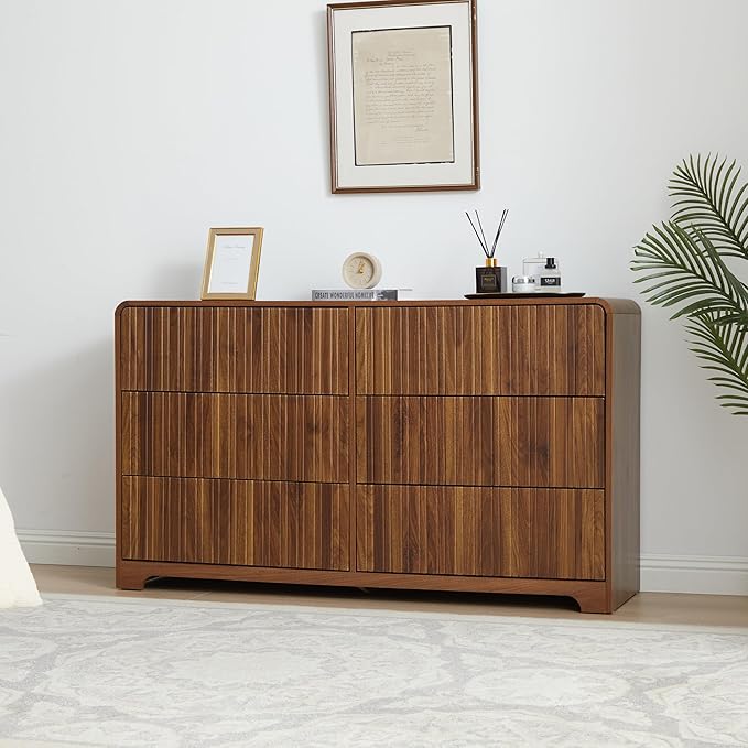 Fluted 6 Drawers Dresser for Bedroom, 53" Wide Mid Century Modern Chest of Drawers with Curved Profile Design, Large Wood Double Dresser for Living Room (Walnut)