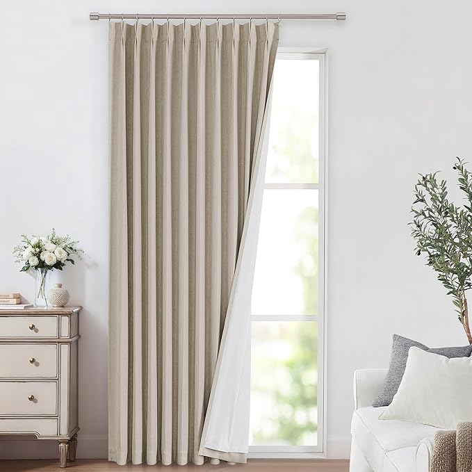 Vision Home Sand Pinch Pleated Full Blackout Curtains Linen Blended Room Darkening Window Curtains 112 inch for Living Room Bedroom Thermal Insulated Pinch Pleat Drapes with Hooks 60" Wx112 Lx1