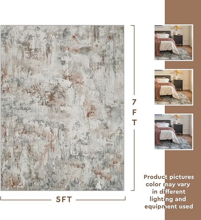 tchdio Area Rug 5x7 Rugs for Living Room- Abstract Soft Living Room Rug-Non Slip Carpet-Machine Washable Rug for Bedroom Dining Room Home Office Modern Rugs Light Grey/Brown/Red