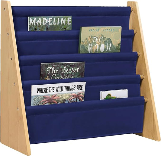 Wildkin Wooden Sling Bookshelf for Kids – Premium Canvas Design with 4 Fabric Shelves, Organizer for Home or Classroom - Natural w/Dark Blue