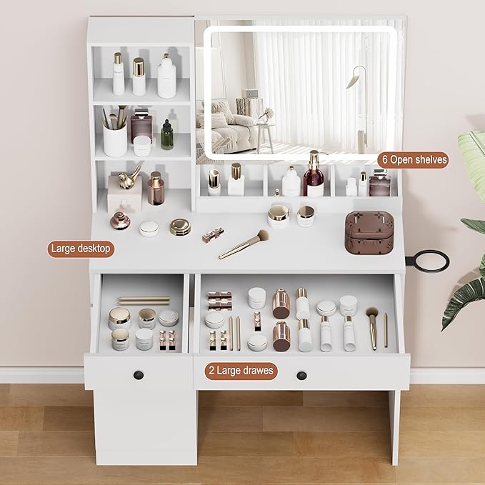Vanity Desk with Mirror and Lights, 3-Color Lights Adjustable Brightness, White Vanity Makeup Desk with Drawer & Charging Station, Large Dressing Table Make Up for Bedroom