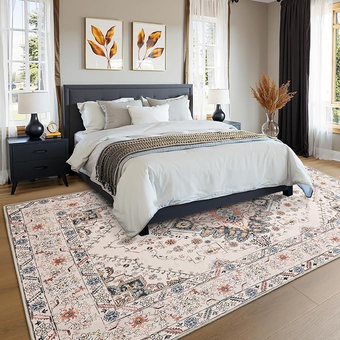 Living Room Rug 6x9 Rug, Machine Washable Area Rug Non Slip Low Pile Rug for Living Room, Bedroom, Farmhouse, Dining Room, Beige