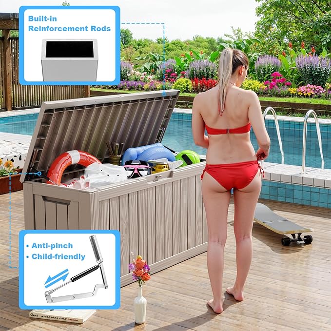 Vixzen 86 Gallon Resin Deck Box, Lockable Outdoor Storage Box for Patio Cushions Storage Furniture,Garden Tools, Pool Supplies, Weatherproof and UV Resistant- Grey