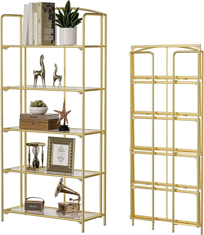 Crofy No Assembly Folding Bookshelf for Living Room, 5 Tier Gold Collapsible Book Shelf for Home Office, Portable Bookcase Storage Organizer