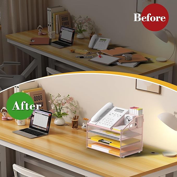 Letter Tray Paper, 4 Tier Desk Organizer with Pen Holder and Handle, Mesh File Organizer Paper Sorter Metal Desktop Document Shelf for Office Home Classroom - Pink