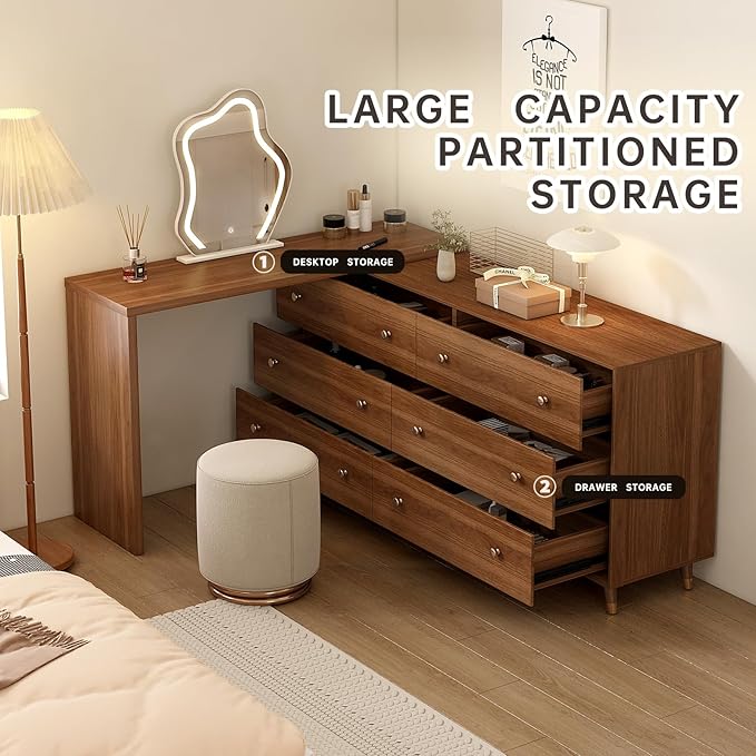 Makeup Vanity Desk Set with Cloud-Pattern HD Lighted Mirror and Stool, 60-100in Extendable Modern Vanity Table, 6-Drawer Solid Wood Frame Storage Cabinet, Bedroom Dressing Table, Brown