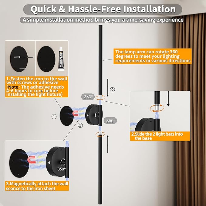 Battery Operated Sconces Set of Two: Wireless Magnet Wall Lights Rechargeable with Remote Cordless Adhesive LED Sconces Wall Lighting Indoor for Living Room Bedroom Hallway Decor Black