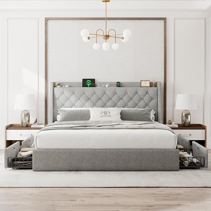 Upholstered King Size Bed Frame with 4 Storage Drawers, Modern Platform Bed with Wingback Headboard, Charging Station, No Box Spring Needed, Light Grey