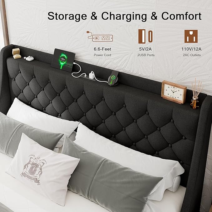 King Size Bed Frame with 4 Storage Drawers, Upholstered Bed Frame with Wingback Headboard, Charging Station, No Box Spring Needed, Easy Assembly, Black