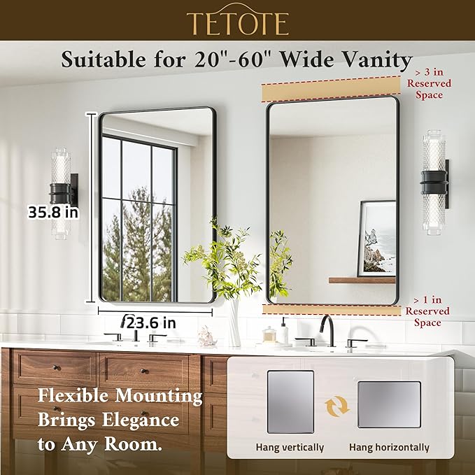 TETOTE Black Mirror for Bathroom 24 x 36 Matte Black Metal Framed Vanity Mirror, Tempered Glass, Modern Farmhouse Wall Mounted Mirrors for Decorative(Horizontal/Vertical)