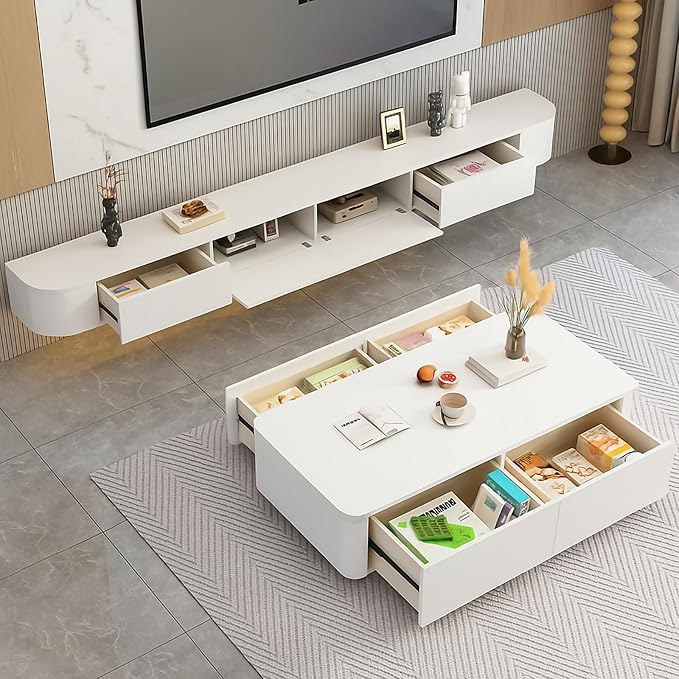 Floating TV Stand,47-118 Inch Wall Mounted TV Shelf,Modern Entertainment Center Media Console with Storage for Bedroom,Living Room (White with Light, 55.1")