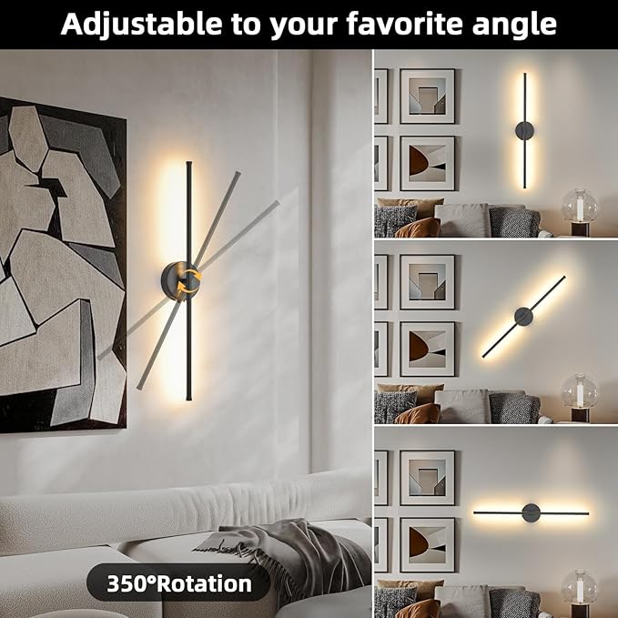 Wall Sconces Battery Operated Set of 2, Black LED Wireless Wall Sconce with Remote Control 350° Rotating, 27.6 Inch Dimmable USB Rechargeable Wall Lights for Living Room Bedroom Hallway