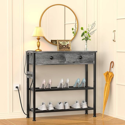 32" Entryway Table with Outlets: Console Table with Storage Shelves, USB Ports, LED Light Strip, and 2 Wood Drawers for Sofa, Living Room, Hallway, Foyer, Couch, and TV Stand